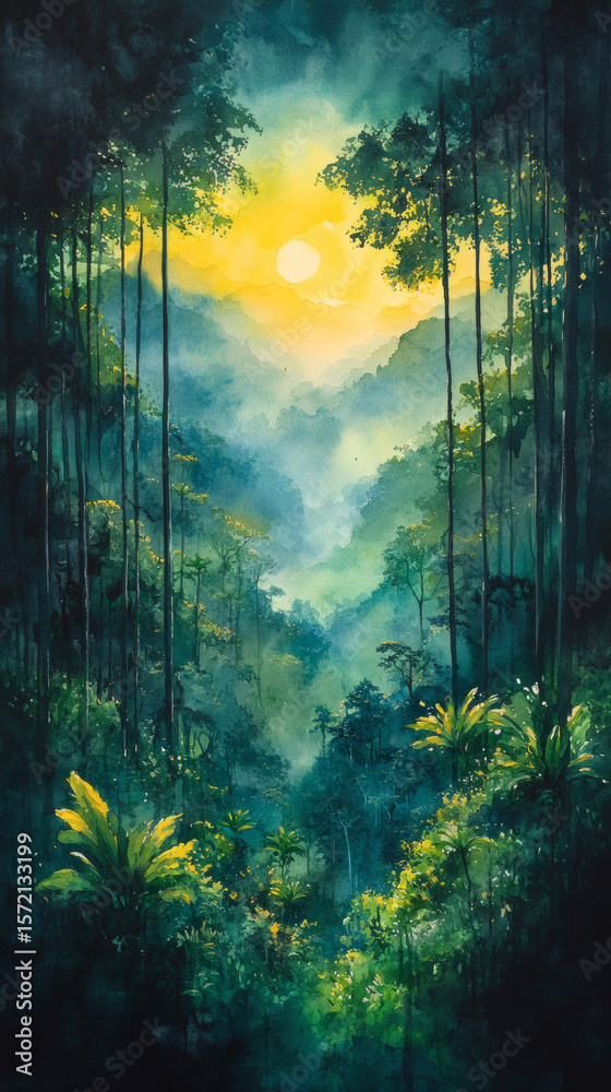 Fototapeta premium Artistic Watercolor Interpretation of a Tropical Rainforest