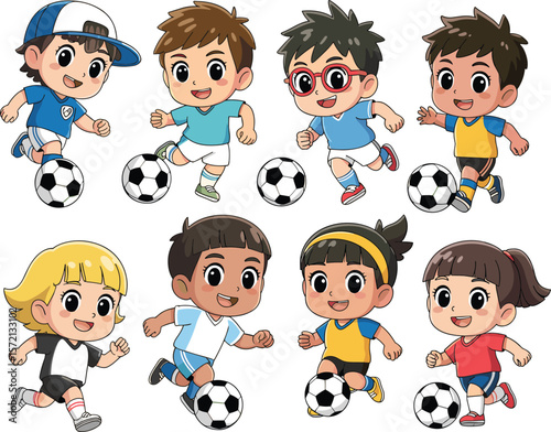 Cute cartoon kids playing soccer, diverse boys and girls running with footballs, team sports illustration, colorful uniforms, energetic children