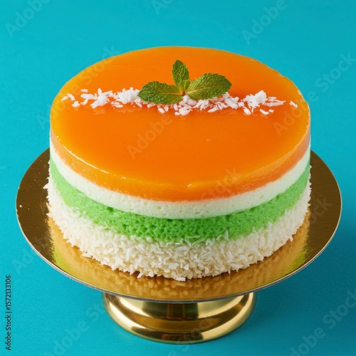 Tricolor mousse cake with orange glaze coconut flakes and mint garnish