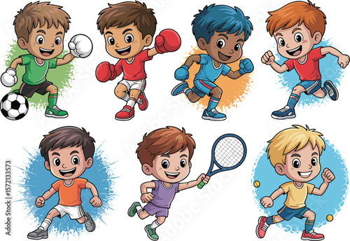 Cartoon boys playing sports, boxing, football, tennis, running, athletic kids in colorful outfits, active children character vector illustration