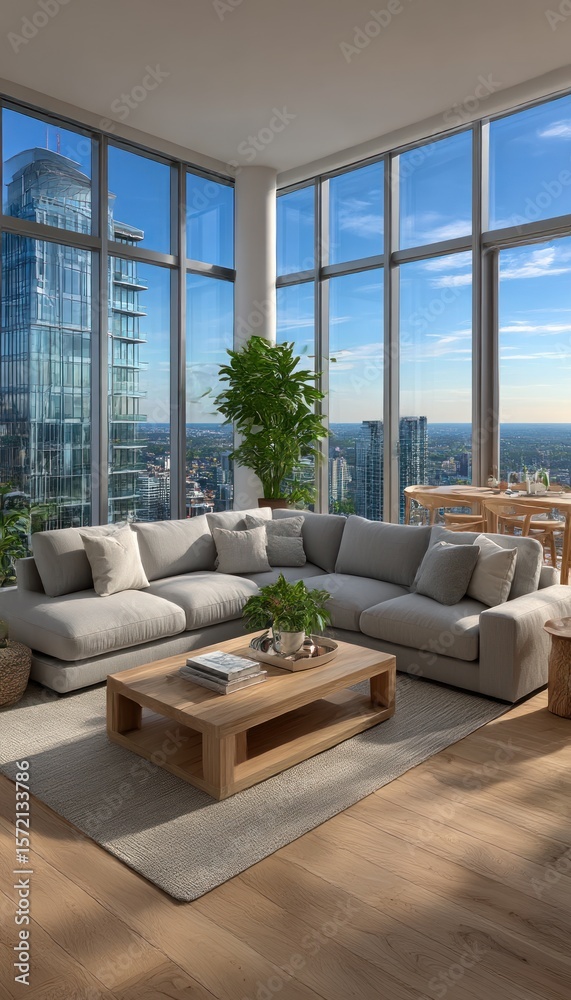 Fototapeta premium Modern penthouse living room with city views