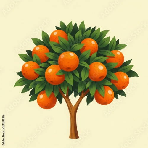 Stylized illustration of a healthy orange tree laden with ripe fruit and green leaves