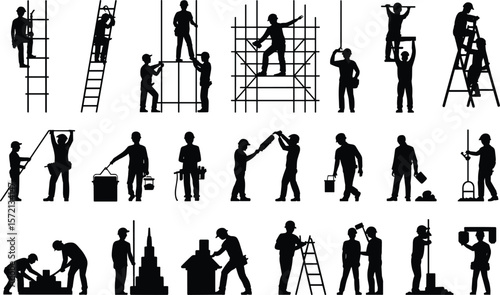 Construction worker silhouettes on site, teamwork, scaffolding, ladder safety, labor crew, building industry illustration, tools, teamwork coordination, black graphic