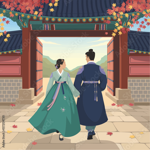 Couple in Traditional Korean Hanbok Walking Through Palace Gate in Autumn