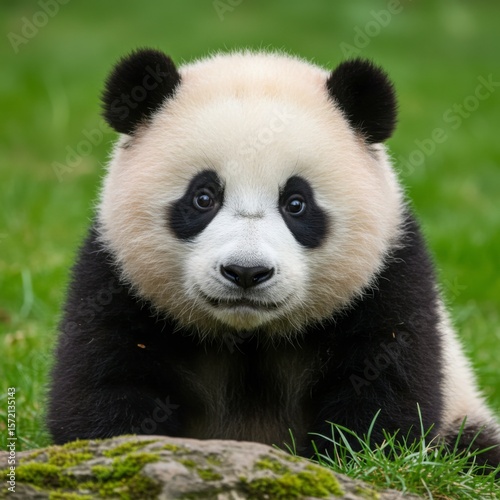 Adorable giant panda cub sits on mossy ground with green grass background