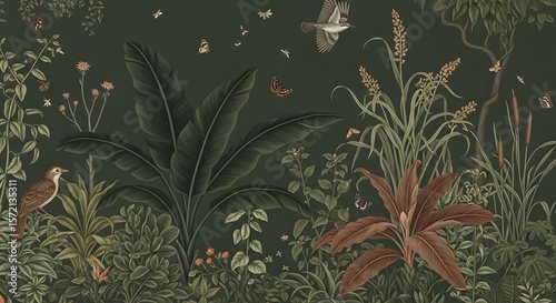 Explore lush tropical forest wallpaper mural with birds butterflies and exotic plants for home decor