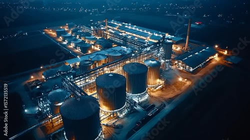 Industrial complex at night, aerial view
