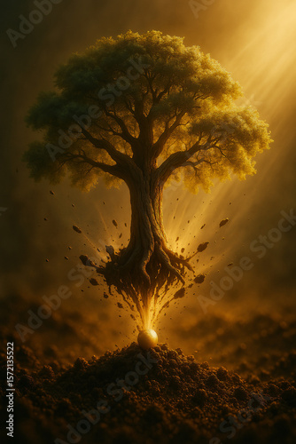 Majestic tree growing from mustard seed – Christian symbolism in high detail