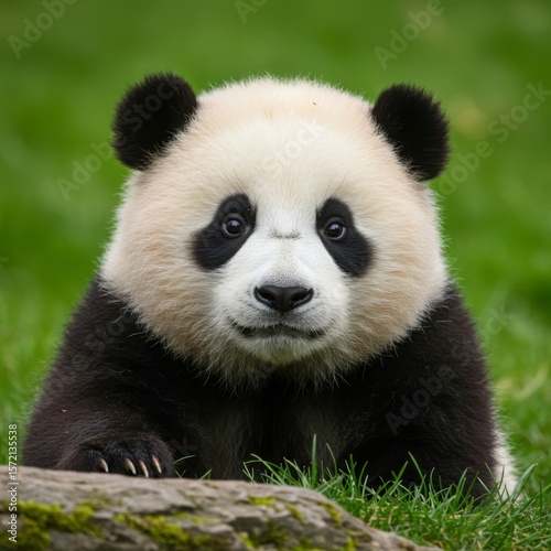 Adorable giant panda cub with black and white fur peeking over a log