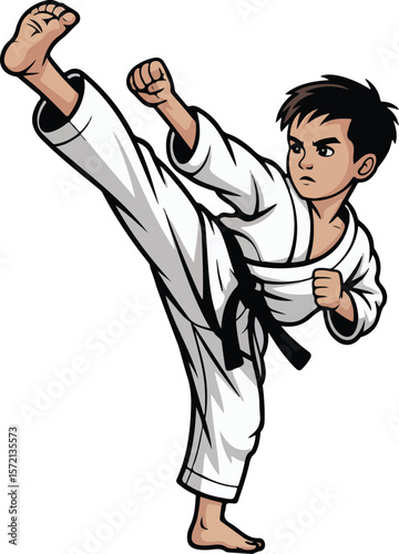 karate kick in a white uniform with black belt Transparent isolated vector png