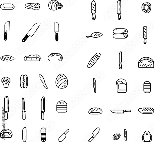 bread knife icons, kitchen bread knife icons, serrated bread knife icons, long bread knife icons, short bread knife icons, stainless steel bread knife icons, carbon steel bread knife ic
