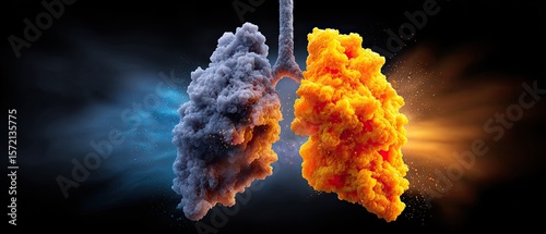 A digital illustration showing human lungs, where one lung is depicted with dark smoke and the other with bright orange smoke, symbolizing contrast between unhealthy and healthy lungs.