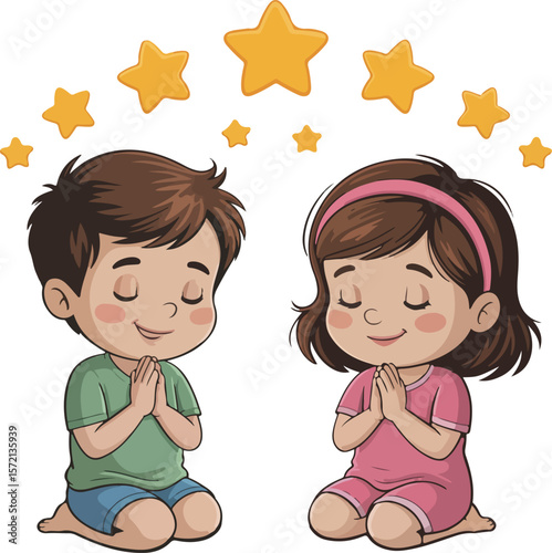 Two adorable cartoon children praying with stars above them Transparent isolated vector png