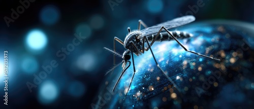 A detailed close-up of a mosquito perched on a globe, highlighting the theme of global disease transmission.