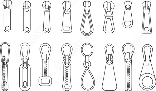 Zipper puller vector set, flat fashion accessory outline design, garment hardware collection, clothing zipper styles, technical drawing elements