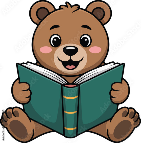 A cute brown bear happily reading a book Transparent isolated vector png