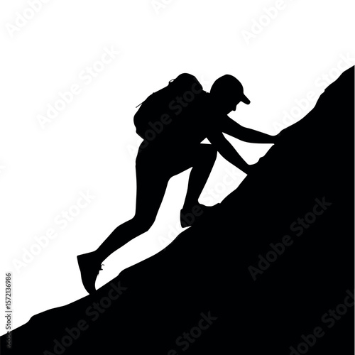 Silhouette of hiker climbing mountain adventure outdoor sport challenge peak backpacking trekking 