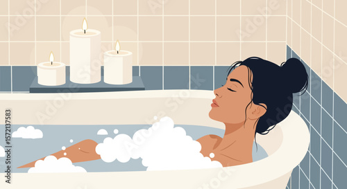 Relaxing Bath Time With Candles Illustration