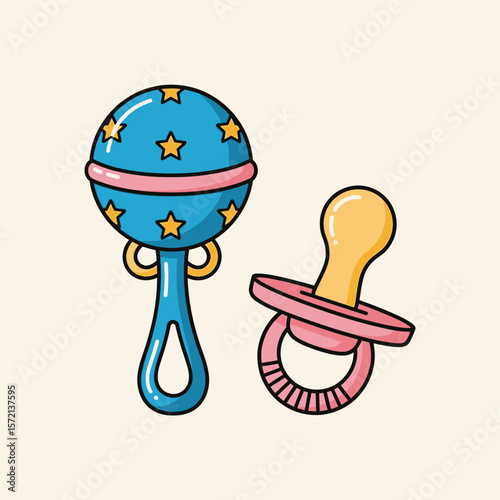 Cute Baby Rattle and Pacifier Vector – Infant Essentials Clipart