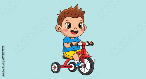 Happy Child Riding Red Tricycle – Fun Outdoor Playtime Cartoon Illustration