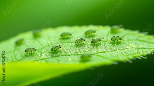 Macro Shot, Tiny Green Insects with Black Spots on Leaf