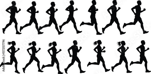 Running people silhouette vector set, male and female joggers in motion, fitness workout, athletic runners, exercise, healthy lifestyle illustration