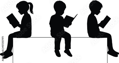 Silhouette children reading books on bench, kids education posture, sitting school students, study time illustration, black vector learning concept