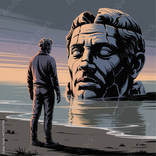 Man Standing Before Cracked Ancient Statue Face on Shore at Dawn