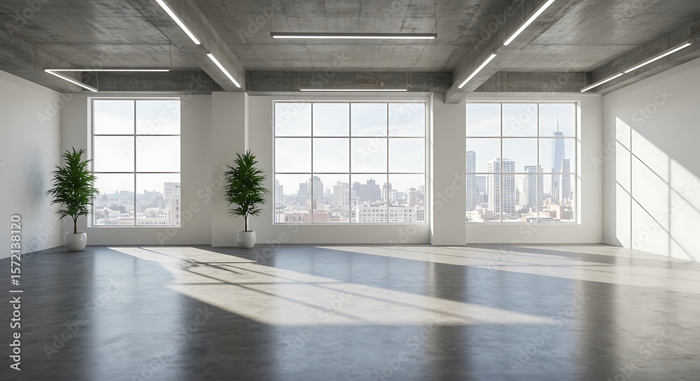 Fototapeta premium Spacious Modern Loft Apartment City View Large Windows Grey Floor Sunlight Plants White Walls Concrete Ceiling