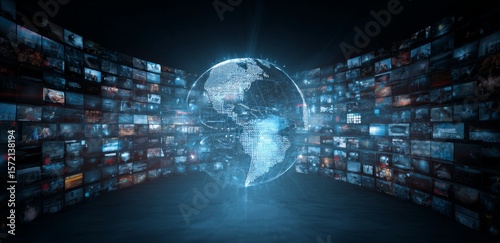Digital Globe Surrounded by Multiple Screens with Streaming Data and Technology Visualization