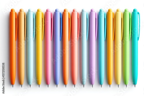 Row of colorful pens arranged on a white surface.
