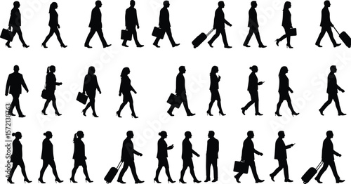 Silhouette of business people walking, office commute, business travelers, professionals in motion, teamwork concept, corporate lifestyle, working day routine, diversity