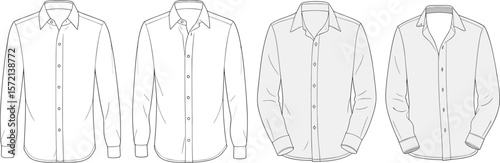 Men’s formal shirt front view flat sketch, long sleeve shirt template, button down design, fashion vector illustration, apparel mockup
