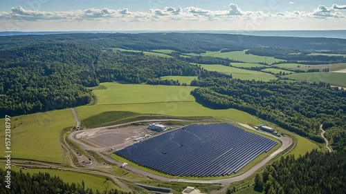 Aerial view of a large solar panel farm in a rural landscape.