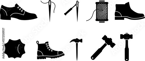 Leather crafting tools vector illustration set for shoe making and repair icons design template