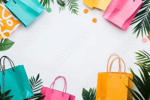 Colorful shopping bags arranged in a frame on a white background with tropical leaves and confetti.