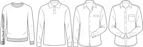 Men's fashion flat sketch, long sleeve shirt design, casual sweatshirt template, clothing technical drawing, apparel mockup, line art illustration
