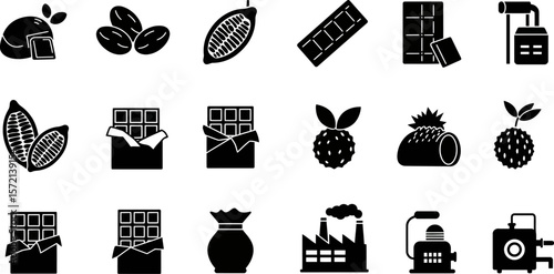 Chocolate production process vector icons set, from cocoa bean to factory, isolated on white background