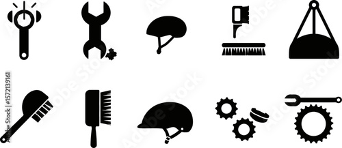 Equestrian grooming tools and repair equipment vector icons for horse care and maintenance set design