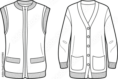 Sleeveless vest and long sleeve cardigan fashion sketch, front view clothing template, technical drawing, women’s outerwear design, vector illustration