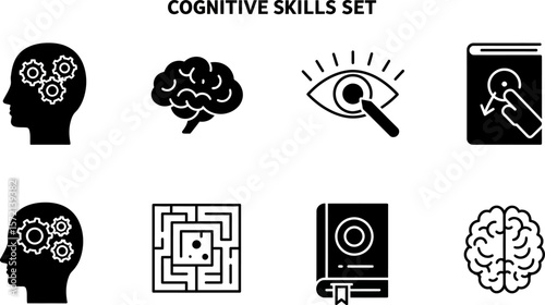 Cognitive skills development vector set for brain training and mental health improvement illustration
