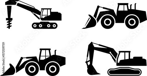 Construction equipment vector icons set heavy machinery excavator bulldozer loader and drilling machine