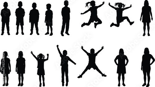 Silhouettes of kids standing, jumping, raising hands, playful children vector set, active poses, black outline, isolated child illustrations