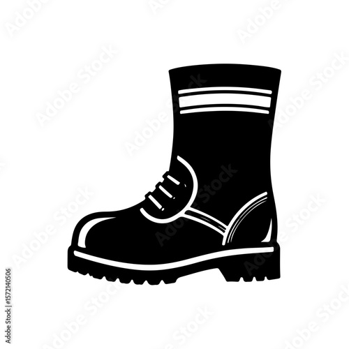 Firefighter Boot Icon. A strong and clear black and white icon of a firefighter's boot, featuring the distinctive laces and sturdy sole. This illustration represents safety, protection