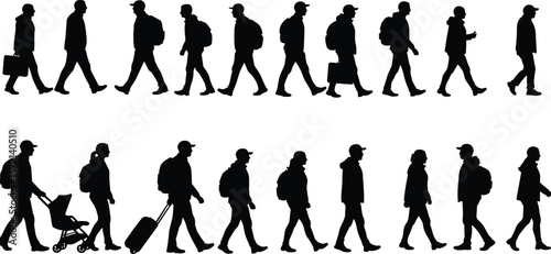 Silhouettes of walking people with backpack, suitcase, stroller, briefcase, urban pedestrians, men and women, traveler vector graphic illustration