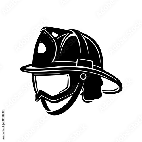 Firefighter Helmet Icon. A bold and dynamic black and white icon featuring a classic firefighter helmet. This illustration captures the essence of courage, protection, and emergency services