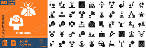Phobias Solid Editable Icons set. Vector illustration in modern thin solid style of phobias icons: spider, people, psychology, etc