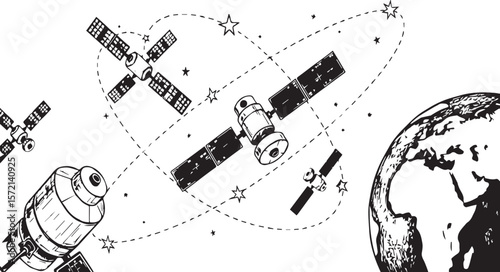 Space satellites and earth planet hand drawn illustration