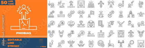 Phobias Line Editable Icons set. Vector illustration in modern thin line style of phobias icons: spider, people, psychology, etc
