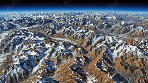 Mountainous landscape with snow-capped peaks.